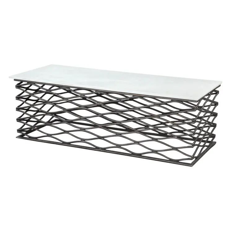 50" White and Antiqued Bronze Genuine Marble and Aluminum Abstract Coffee Table