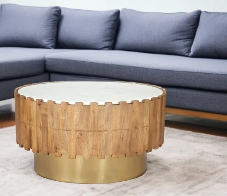 31" Gold Natural And White Iron Wood And Faux Marble Round Block Coffee Table