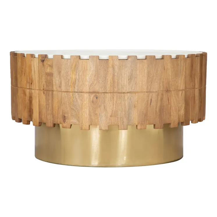 31" Gold Natural And White Iron Wood And Faux Marble Round Block Coffee Table