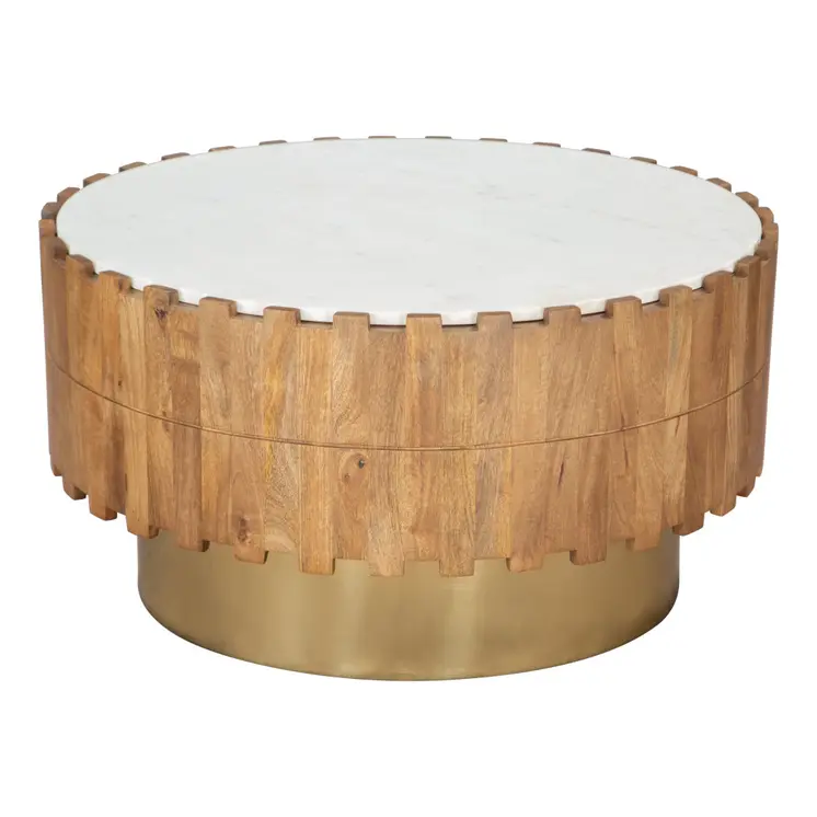 31" Gold Natural And White Iron Wood And Faux Marble Round Block Coffee Table