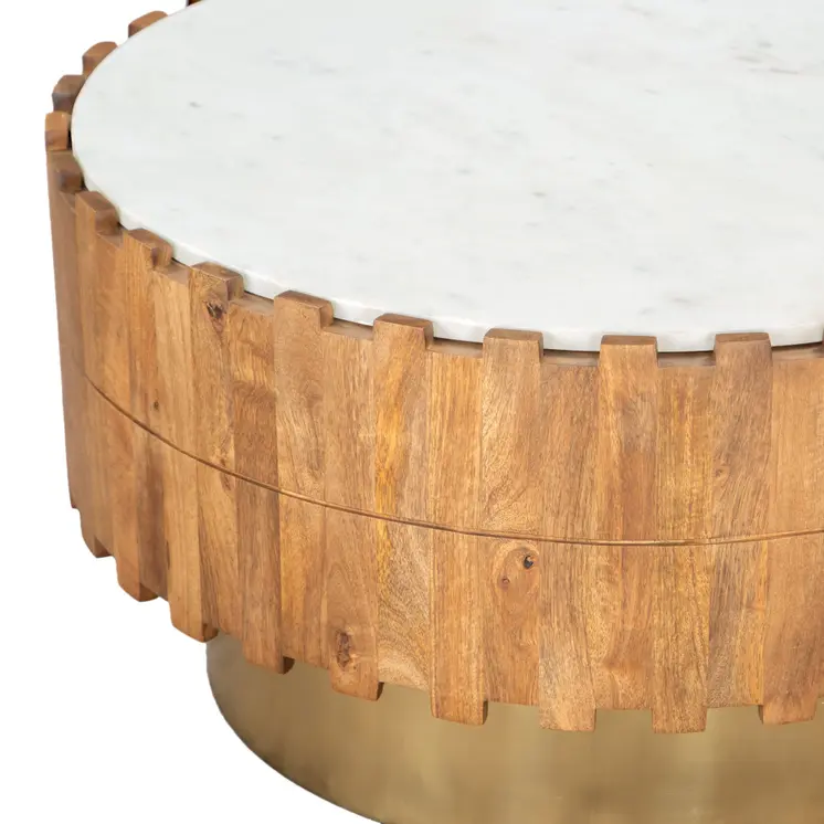 31" Gold Natural And White Iron Wood And Faux Marble Round Block Coffee Table