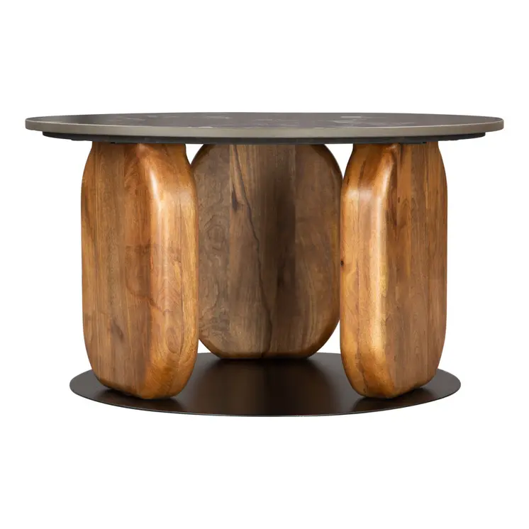 30" Black and Brown Genuine Marble Marble and Solid Wood Round Coffee Table