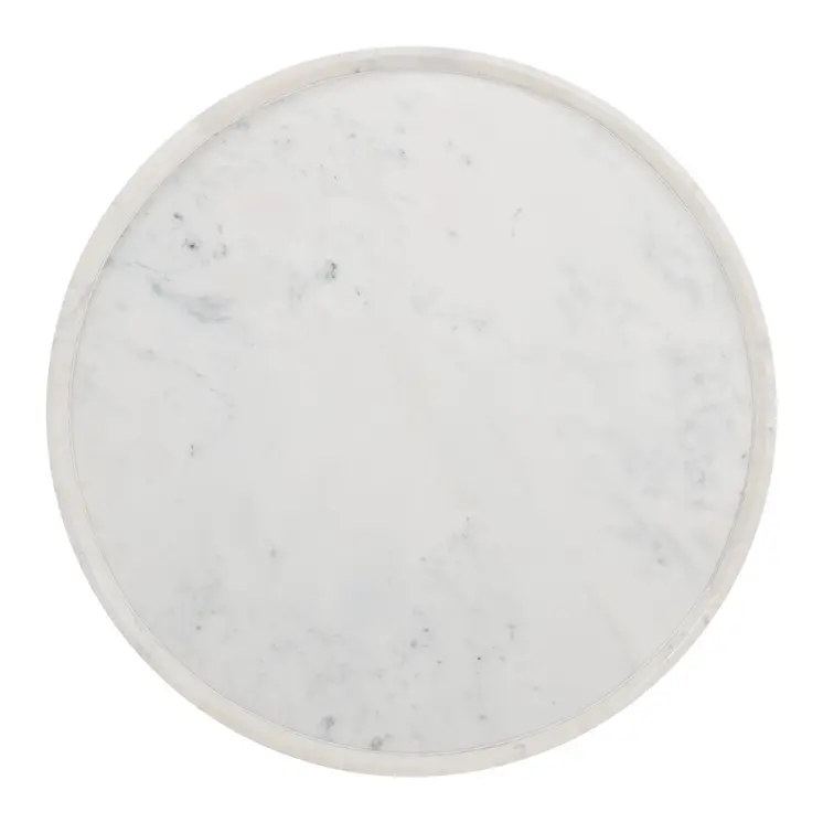 35" White and Natural Wood And Faux Marble Round Pedestal Coffee Table