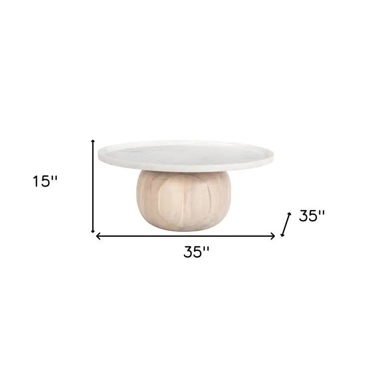 35" White and Natural Wood And Faux Marble Round Pedestal Coffee Table