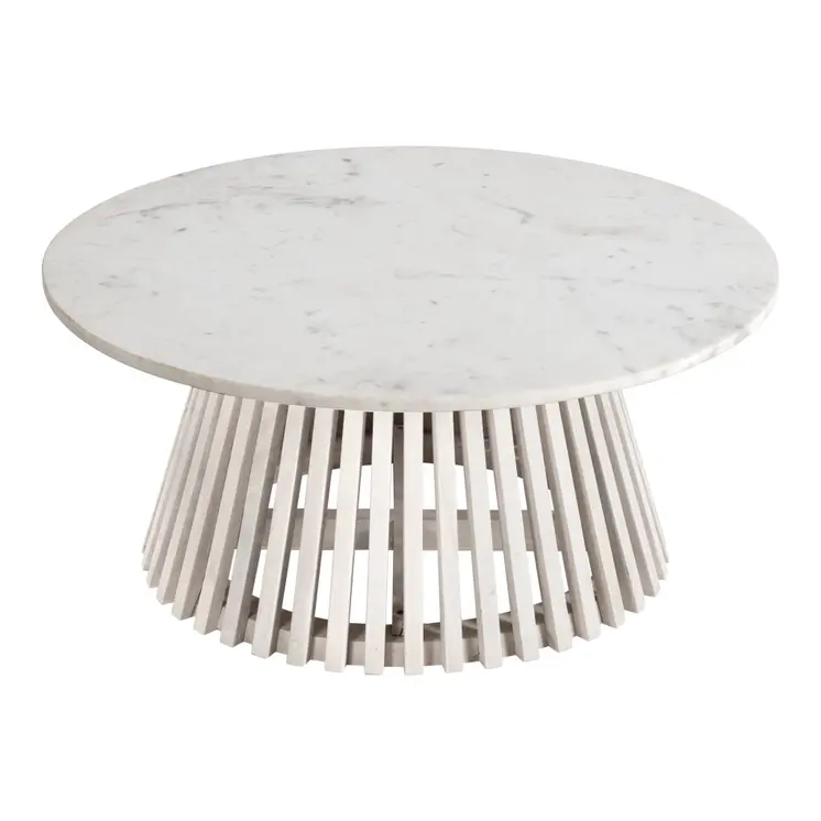32" White and Natural Genuine Marble and Solid Wood Round Drum Coffee Table