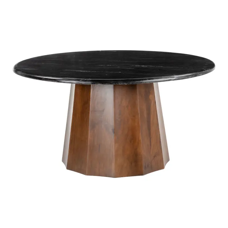 35" Black and Walnut Genuine Marble and Solid Wood Round Pedestal Coffee Table