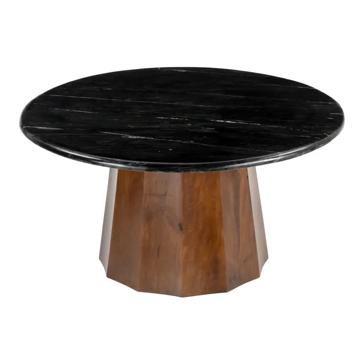 35" Black and Walnut Genuine Marble and Solid Wood Round Pedestal Coffee Table