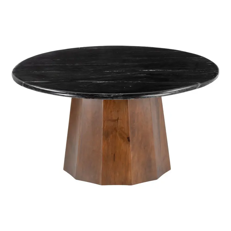 35" Black and Walnut Genuine Marble and Solid Wood Round Pedestal Coffee Table
