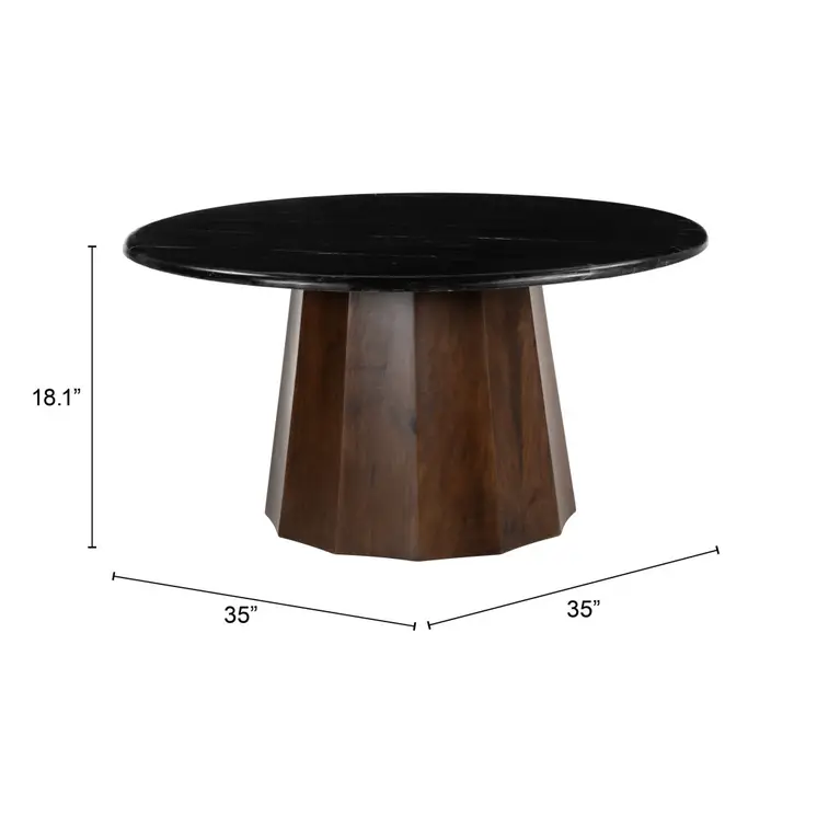 35" Black and Walnut Genuine Marble and Solid Wood Round Pedestal Coffee Table