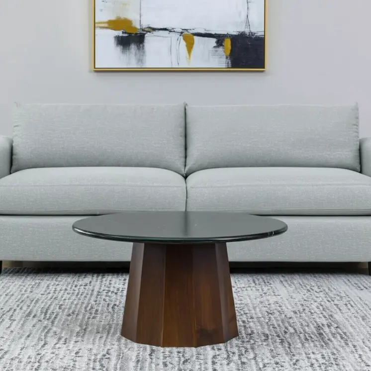 35" Black and Walnut Genuine Marble and Solid Wood Round Pedestal Coffee Table
