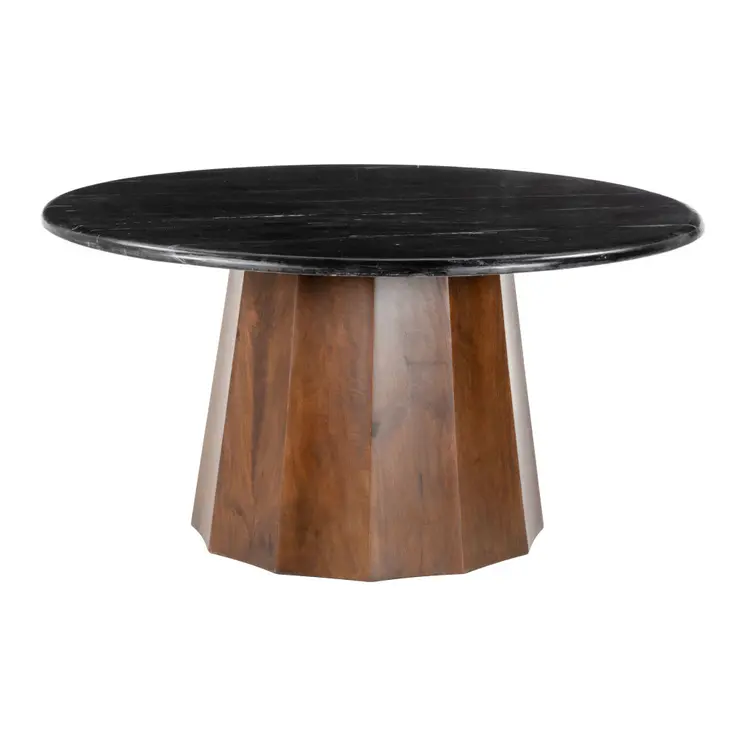 35" Black and Walnut Genuine Marble and Solid Wood Round Pedestal Coffee Table