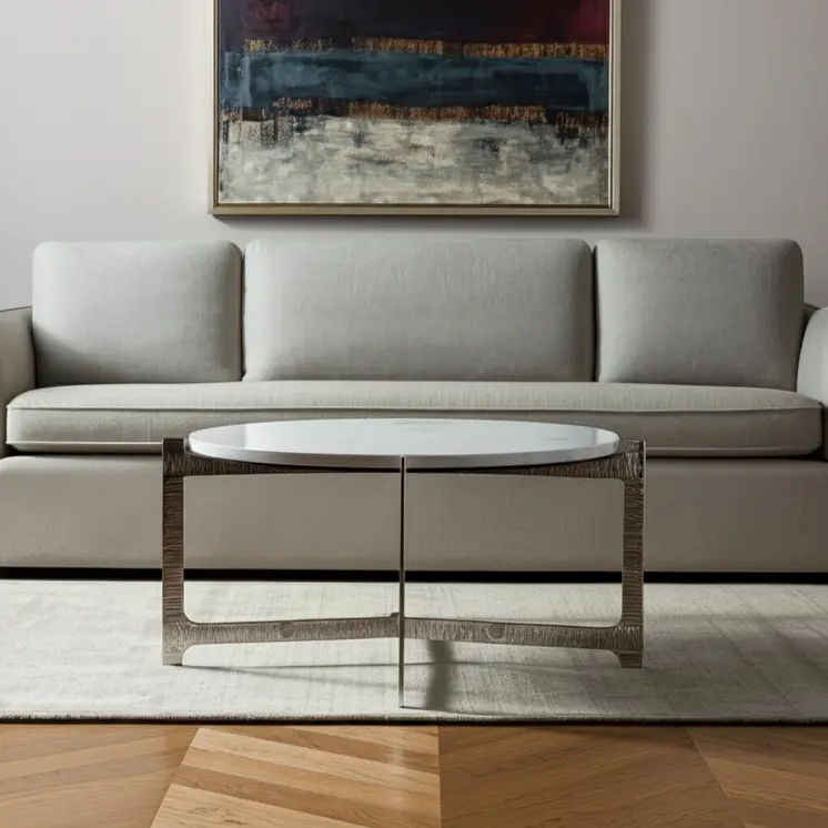 30" White and Silver Genuine Marble and Aluminum Round Cross Legs Coffee Table