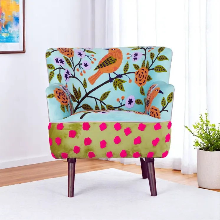 32" Blue Green Orange Pink and Brown Floral Arm Chair