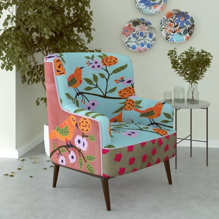 32" Blue Green Orange Pink and Brown Floral Arm Chair