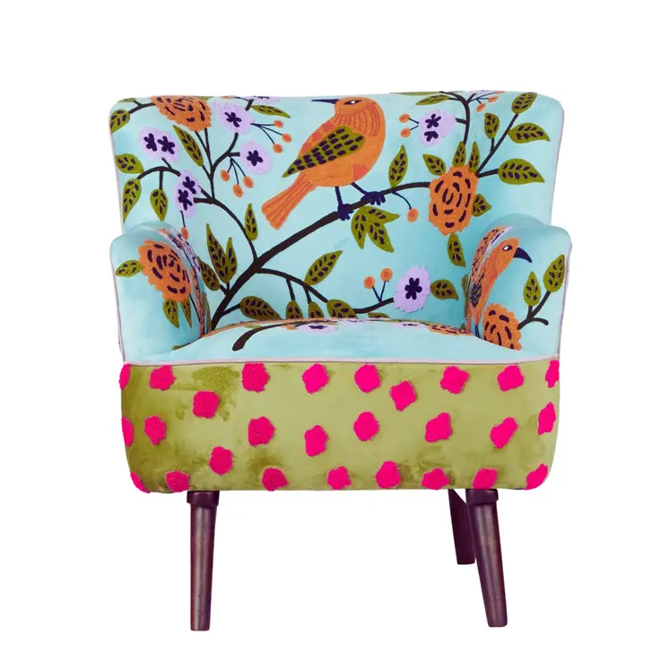 32" Blue Green Orange Pink and Brown Floral Arm Chair