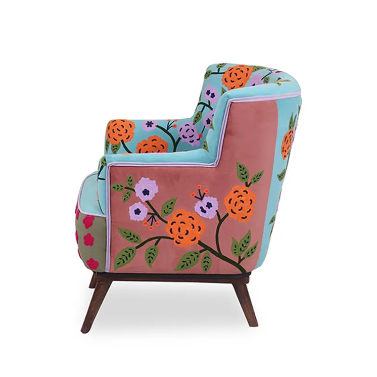 32" Blue Green Orange Pink and Brown Floral Arm Chair