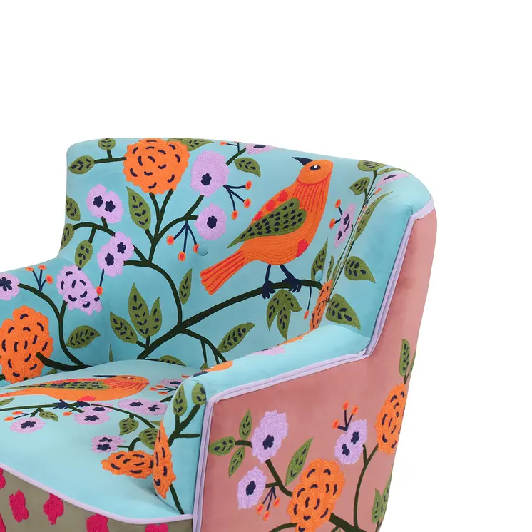 32" Blue Green Orange Pink and Brown Floral Arm Chair