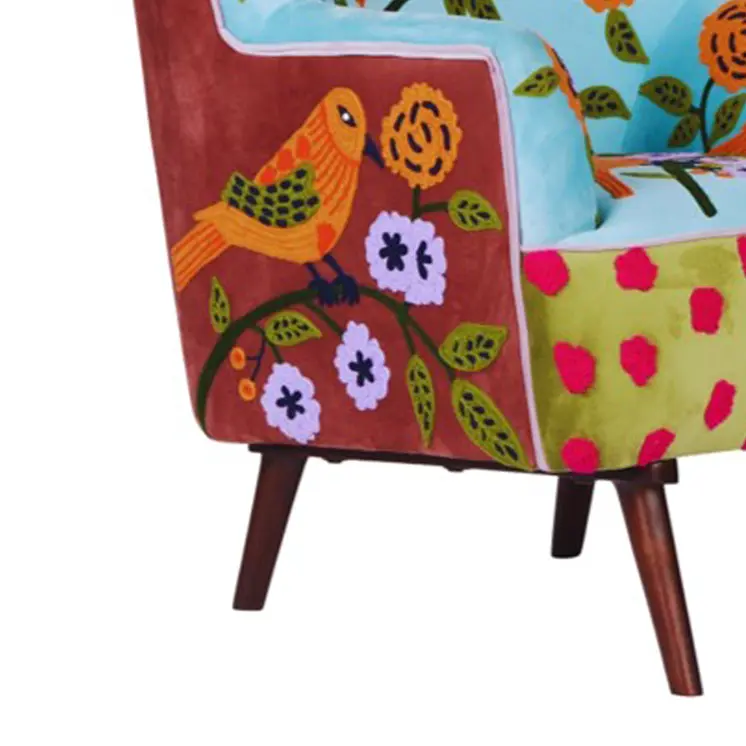 32" Blue Green Orange Pink and Brown Floral Arm Chair