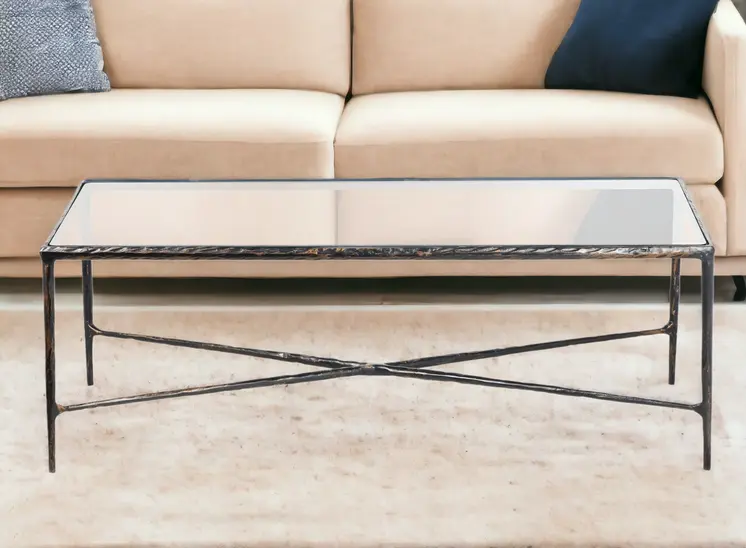 28" Clear And Brown Glass And Aluminum Coffee Table