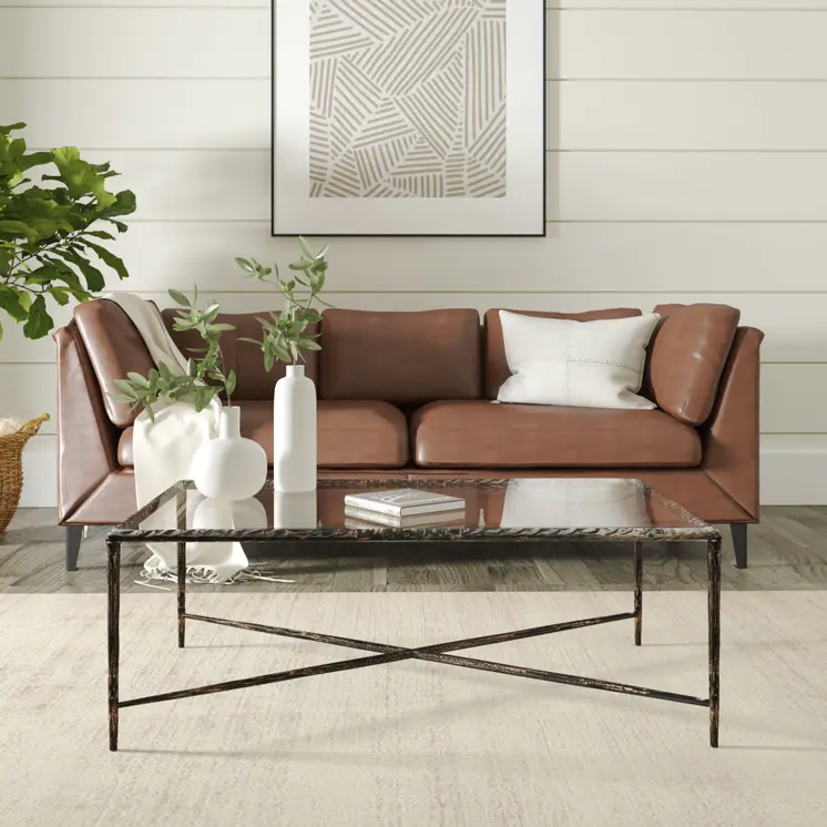 28" Clear And Brown Glass And Aluminum Coffee Table