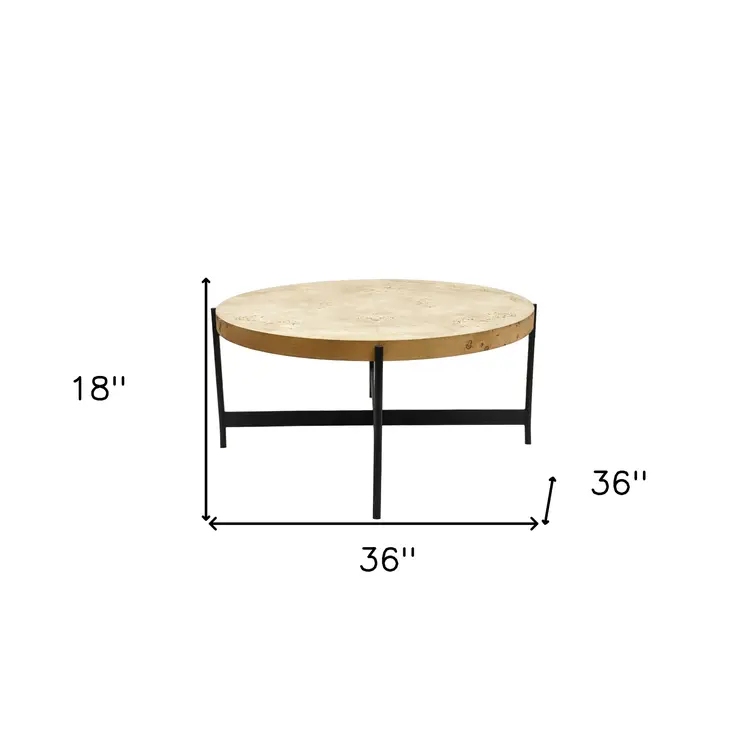 36" Natural And Black Wood and Iron Round Coffee Table