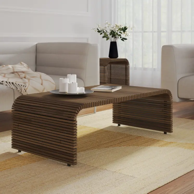 26" Brown Solid Wood Stripes Coffee Table