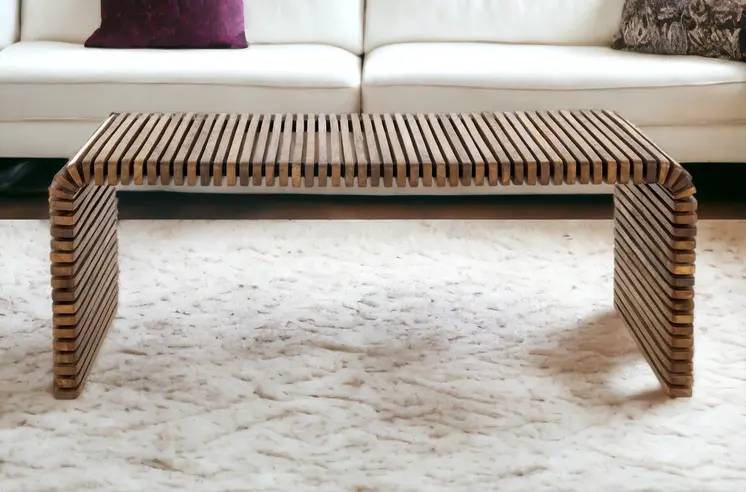 26" Brown Solid Wood Stripes Coffee Table