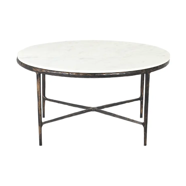 36" White And Brown Genuine Marble And Aluminum Round Coffee Table