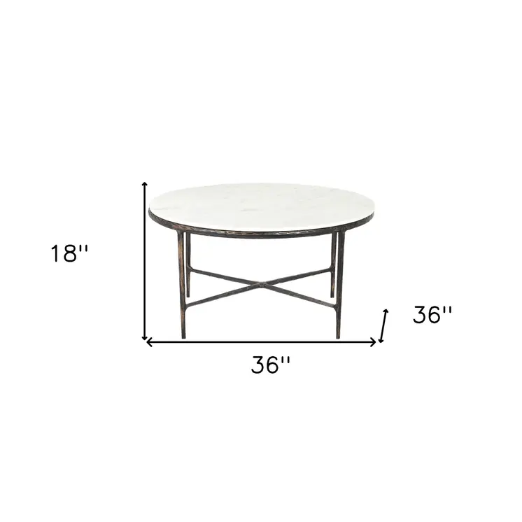 36" White And Brown Genuine Marble And Aluminum Round Coffee Table