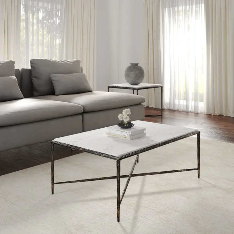 28" White And Brown Genuine Marble And Aluminum Metal Coffee Table