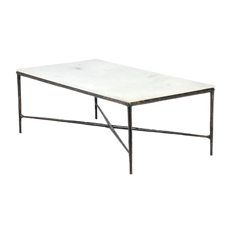 28" White And Brown Genuine Marble And Aluminum Metal Coffee Table