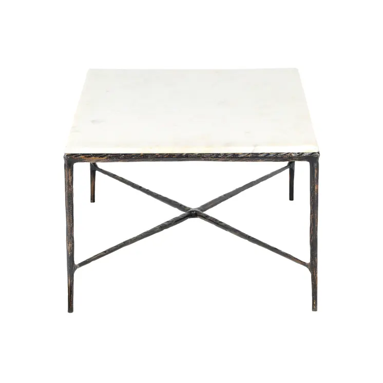 28" White And Brown Genuine Marble And Aluminum Metal Coffee Table