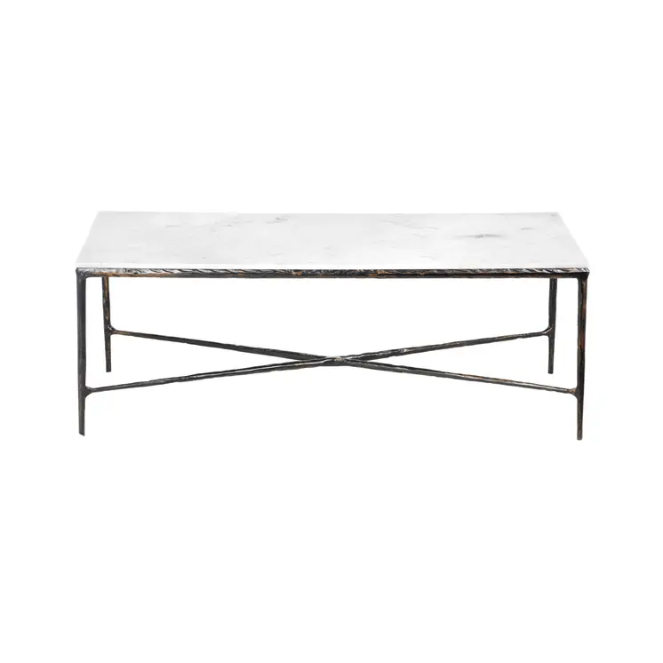 28" White And Brown Genuine Marble And Aluminum Metal Coffee Table