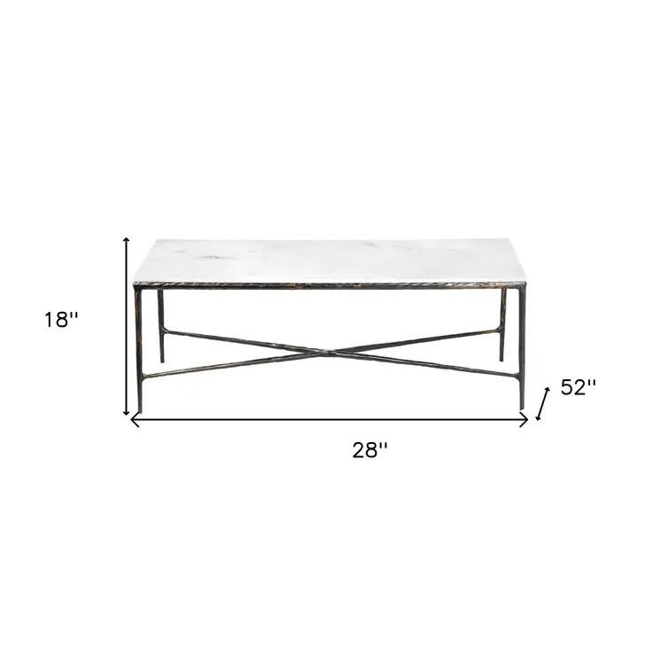 28" White And Brown Genuine Marble And Aluminum Metal Coffee Table