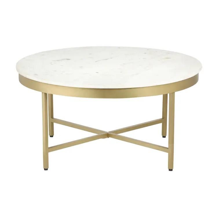 36" White And Gold Genuine Marble And Steel Round Coffee Table