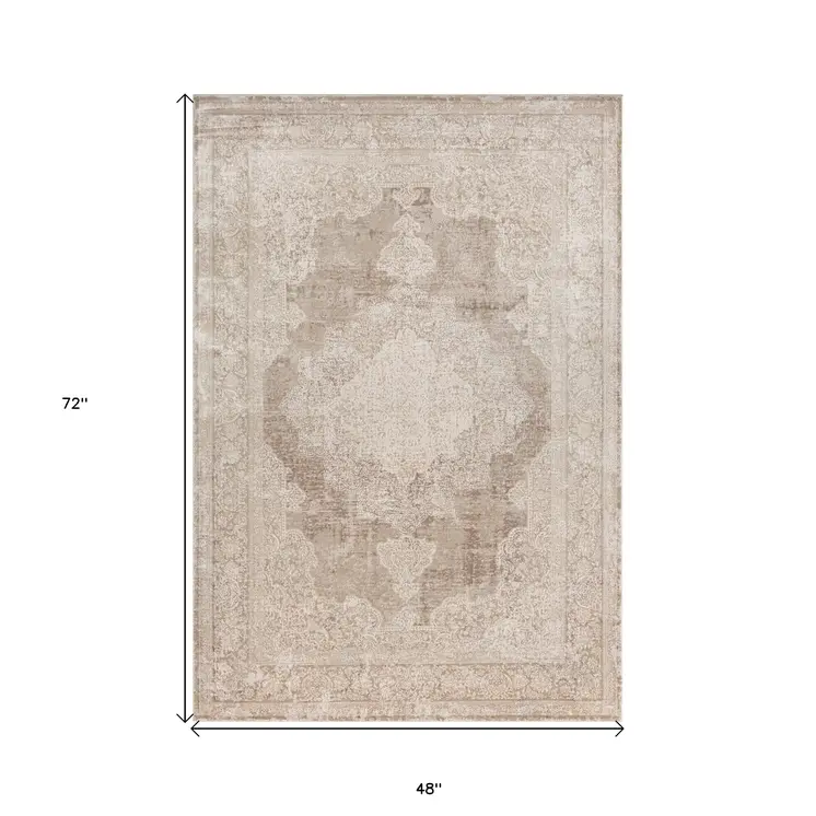 4' X 6' Beige and Ivory Medallion Area Rug