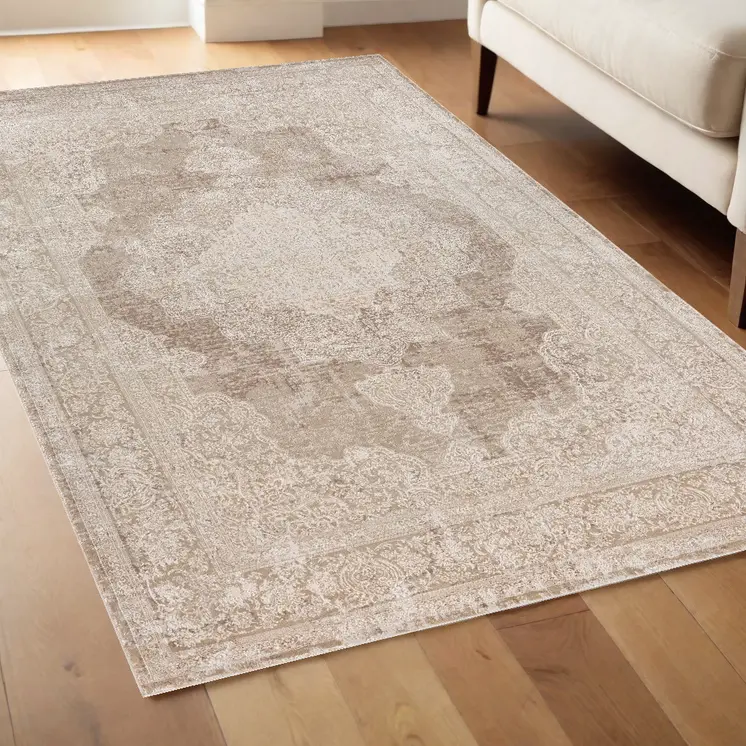 4' X 6' Beige and Ivory Medallion Area Rug