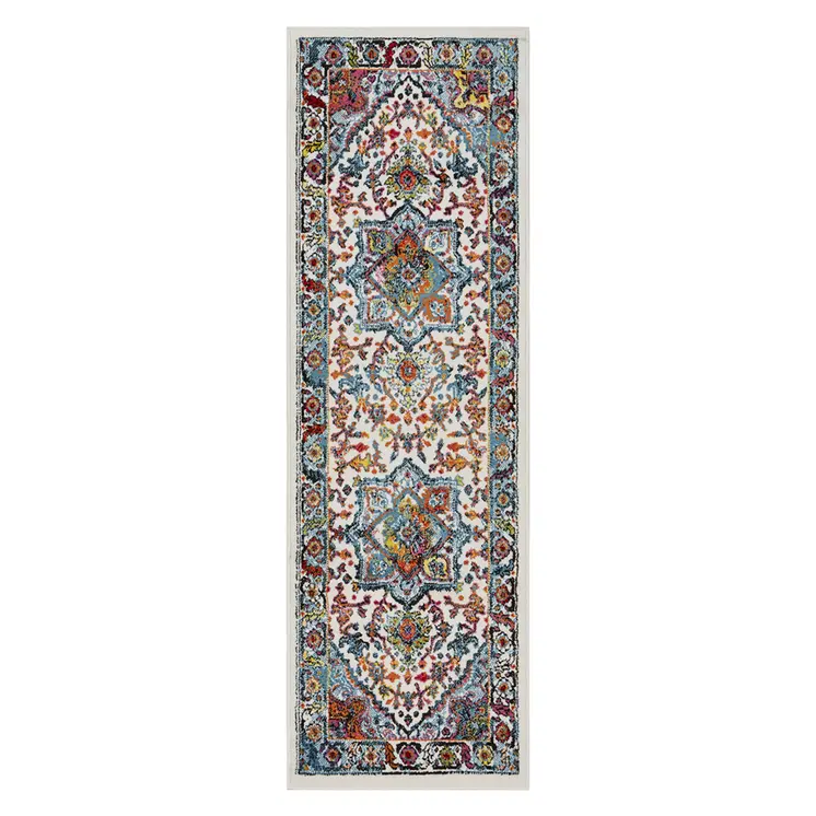 7' White And Blue Medallion Runner Rug
