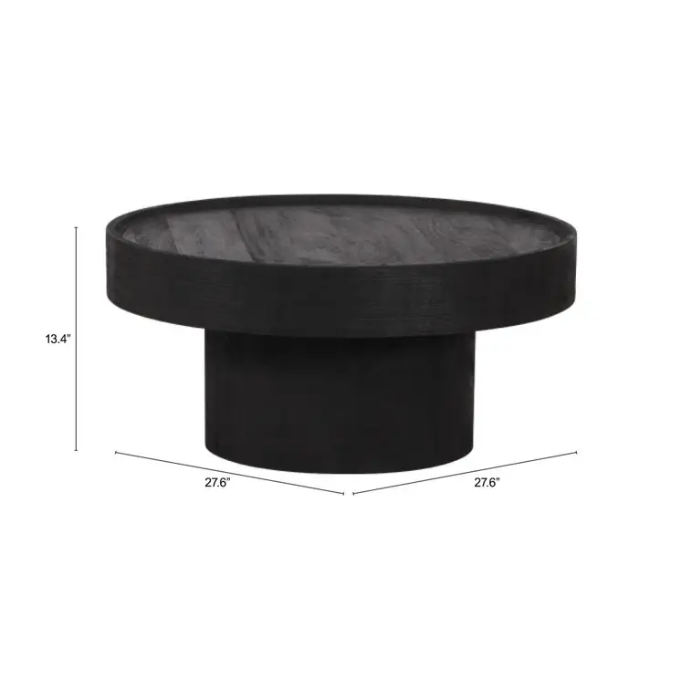28" Black Solid Wood Round Pedestal Coffee Table