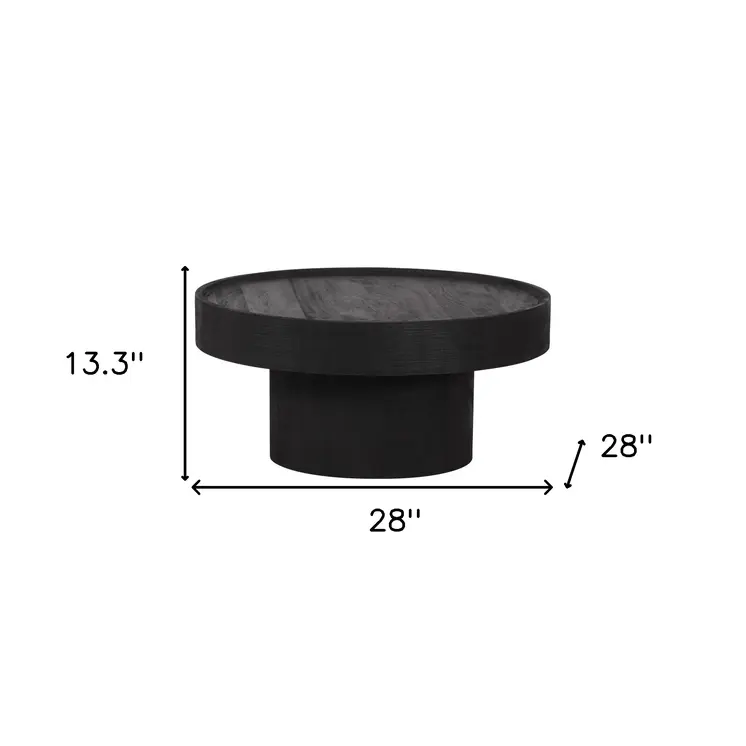 28" Black Solid Wood Round Pedestal Coffee Table