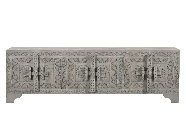 79" Gray Carved Scrollwork Distressed Solid Wood Enclosed Storage TV Stand