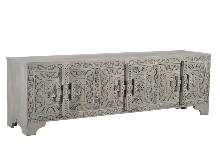 79" Gray Carved Scrollwork Distressed Solid Wood Enclosed Storage TV Stand