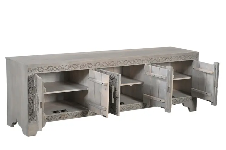 79" Gray Carved Scrollwork Distressed Solid Wood Enclosed Storage TV Stand