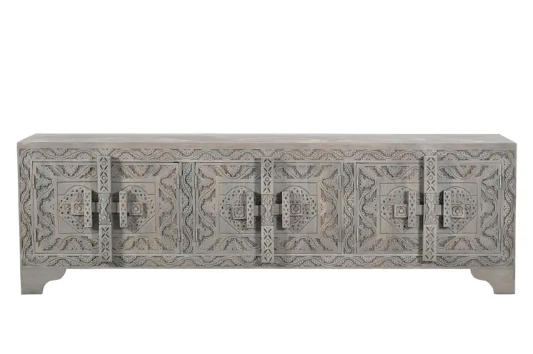 79" Gray Carved Scrollwork Distressed Solid Wood Enclosed Storage TV Stand