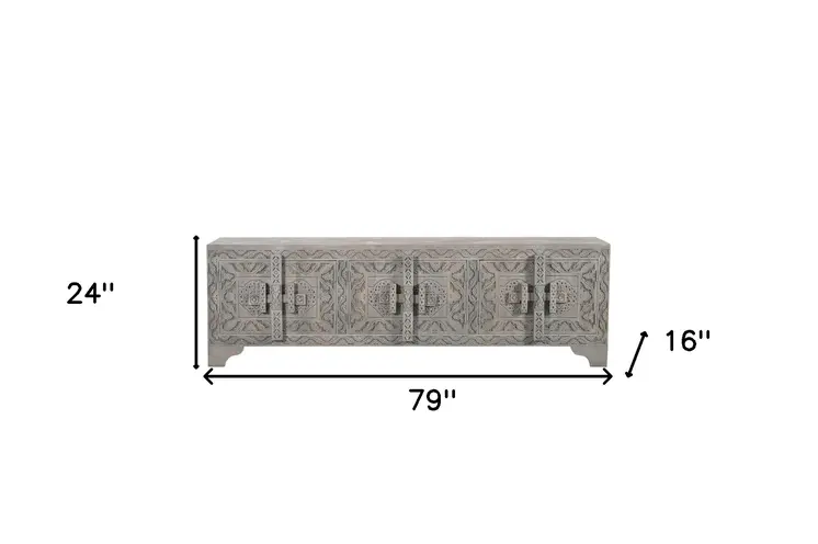 79" Gray Carved Scrollwork Distressed Solid Wood Enclosed Storage TV Stand