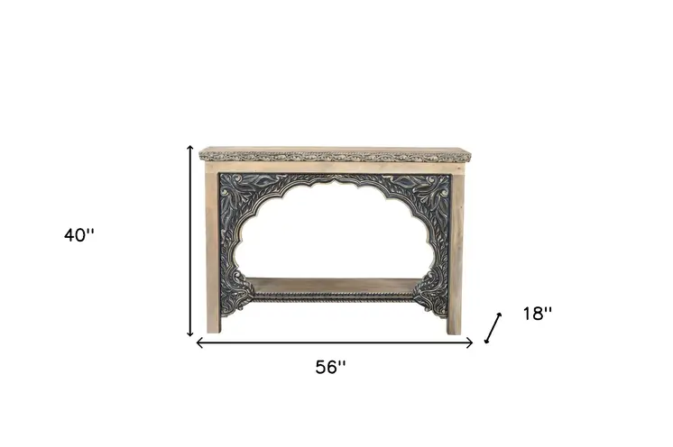 56" Natural and Black Solid Wood Distressed Console Table With Shelf