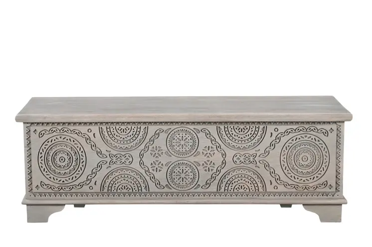 54" Gray Carved Geo Scroll Solid Wood Storage Ottoman