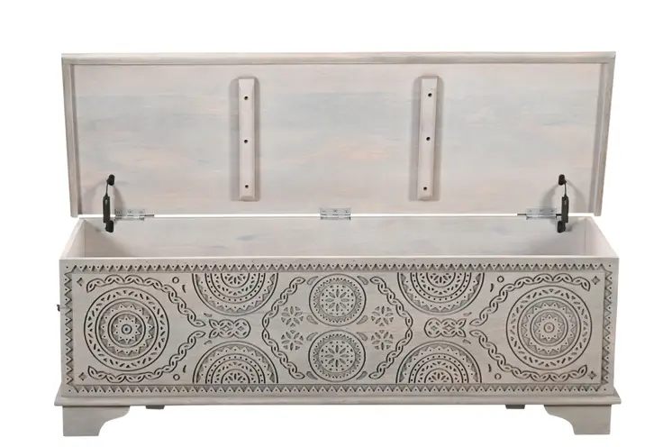 54" Gray Carved Geo Scroll Solid Wood Storage Ottoman