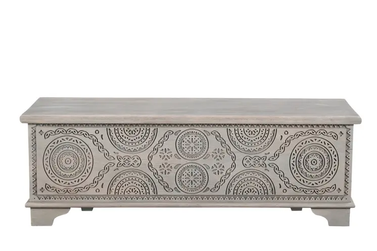 54" Gray Carved Geo Scroll Solid Wood Storage Ottoman