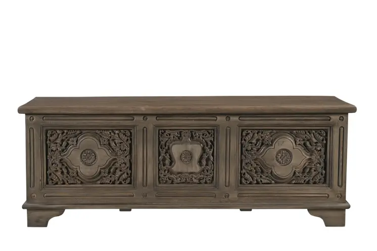 54" Brown Carved Floral Solid Wood Storage Ottoman